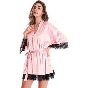 NWT Silk Kimono Summer Robe with Lace‎ Navy Pink XXL